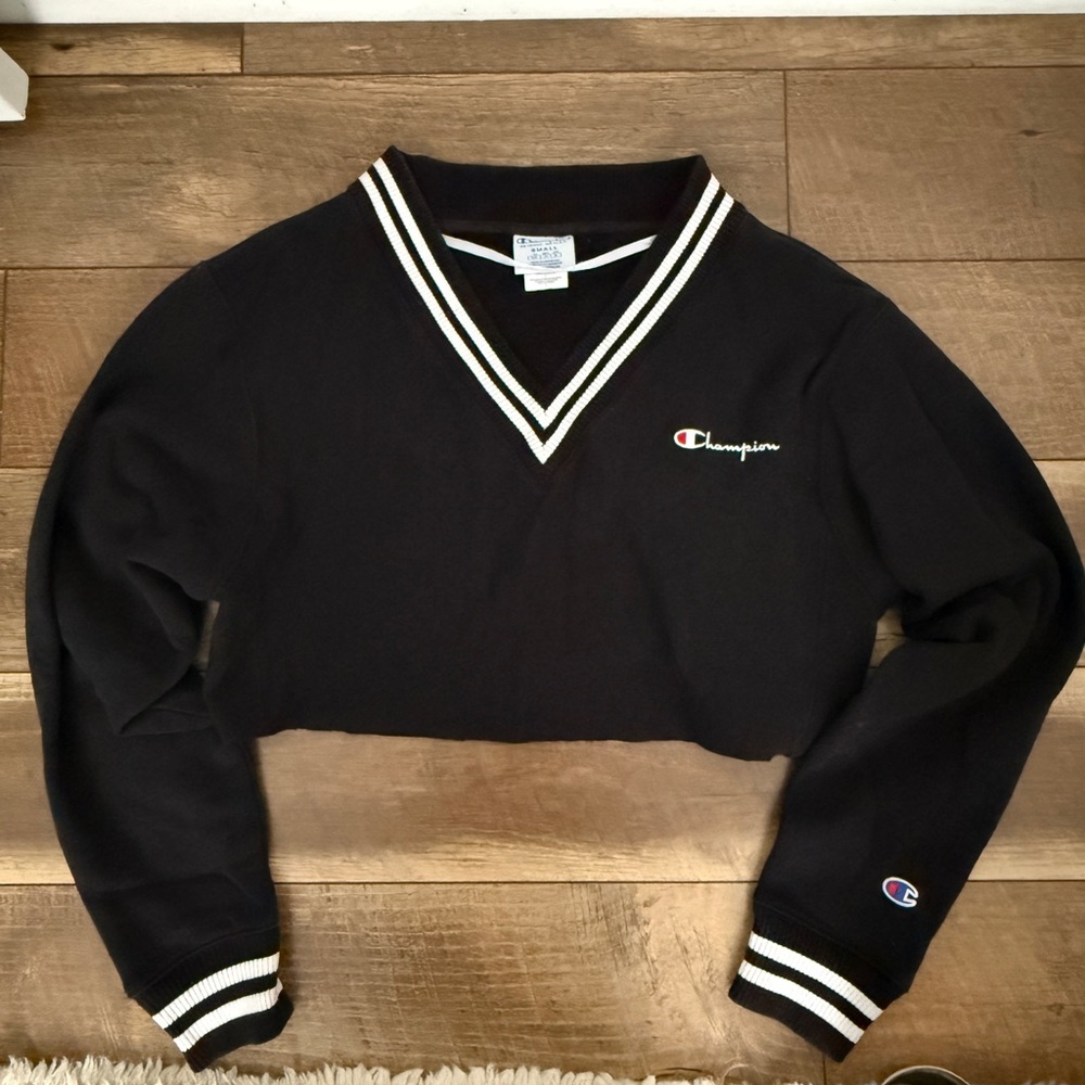 Champion Black V-Neck Sweater with White Trim